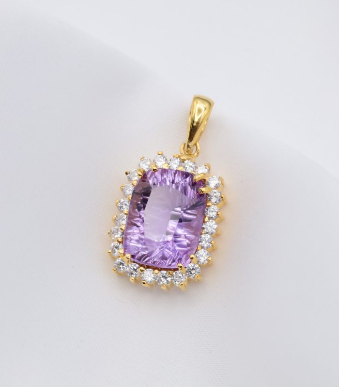 Gold-plated sterling silver amethyst pendant with square-cut center stone, bezel setting, and halo of round American diamonds – luxury gemstone jewelry for women.